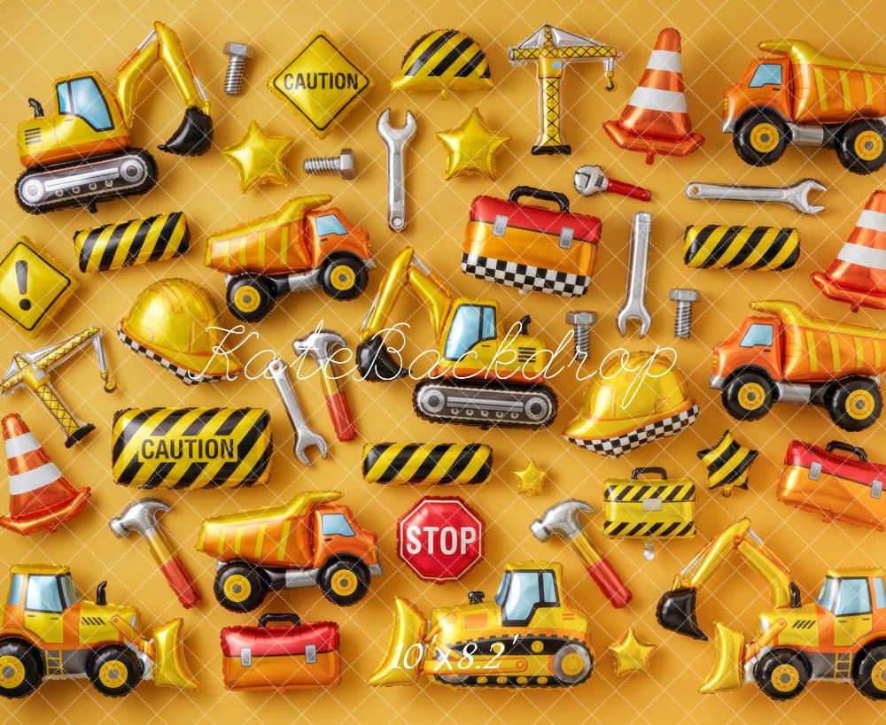 Kate Birthday Boys Construction Vehicle Balloon Wall Yellow Printed Backdrop Designed by Patty Roberts