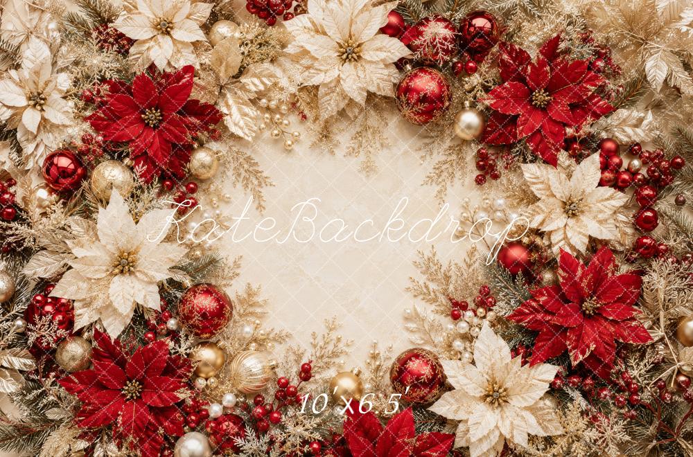 Kate Christmas Red Gold Poinsettia Wreath Ornaments Printed Backdrop Designed by Megan Leigh Photography