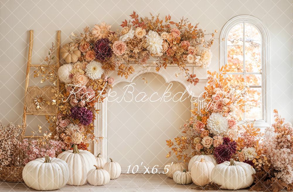 Kate Fall Flower Arch White Pumpkins Ladder Window Backdrop Designed by Emetselch