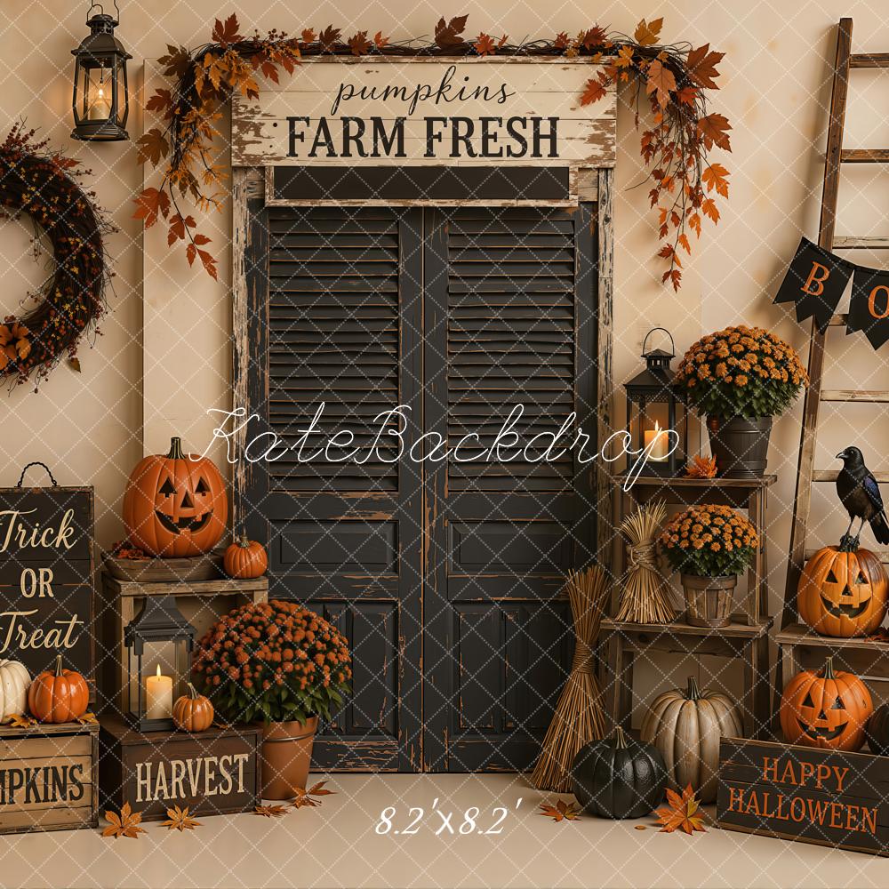 Kate Halloween Black Door Pumpkin Farm Harvest Ladder Printed Backdrop Designed by Emetselch
