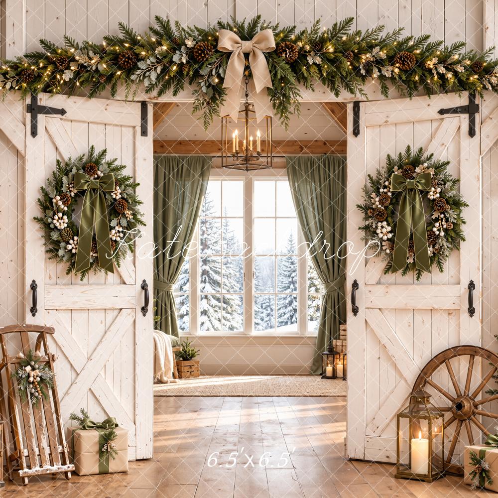 Kate Christmas Farmhouse White Barn Doors Wreaths Trees Printed Backdrop Designed by Emetselch