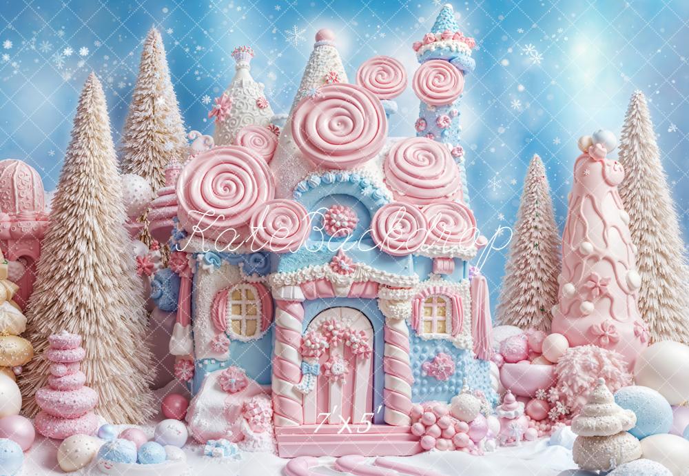 Kate Christmas Whimsical Candy Castle Pastel Snowy Trees Backdrop Designed by Emetselch