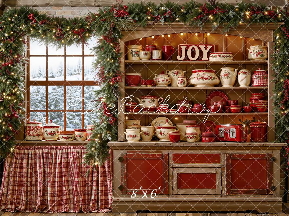 Kate Christmas Kitchen Cabinet Window Garland Cups Dishes Printed Backdrop Designed by Emetselch