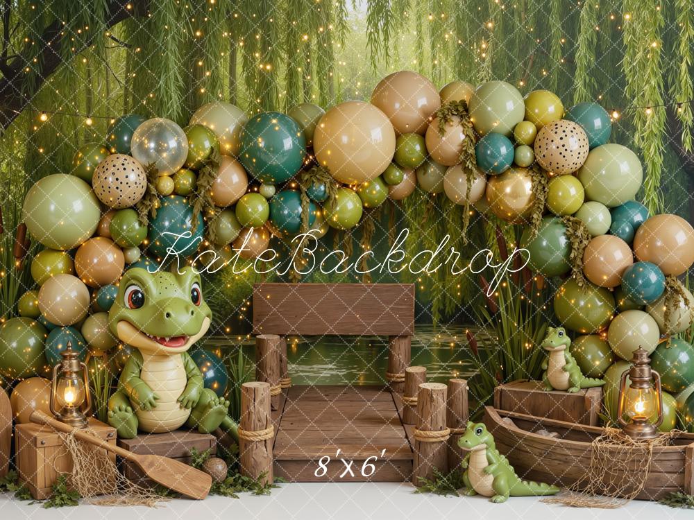 Kate Cake Smash Jungle Gator Dock Balloon Arch Printed Backdrop Designed by Mini MakeBelieve