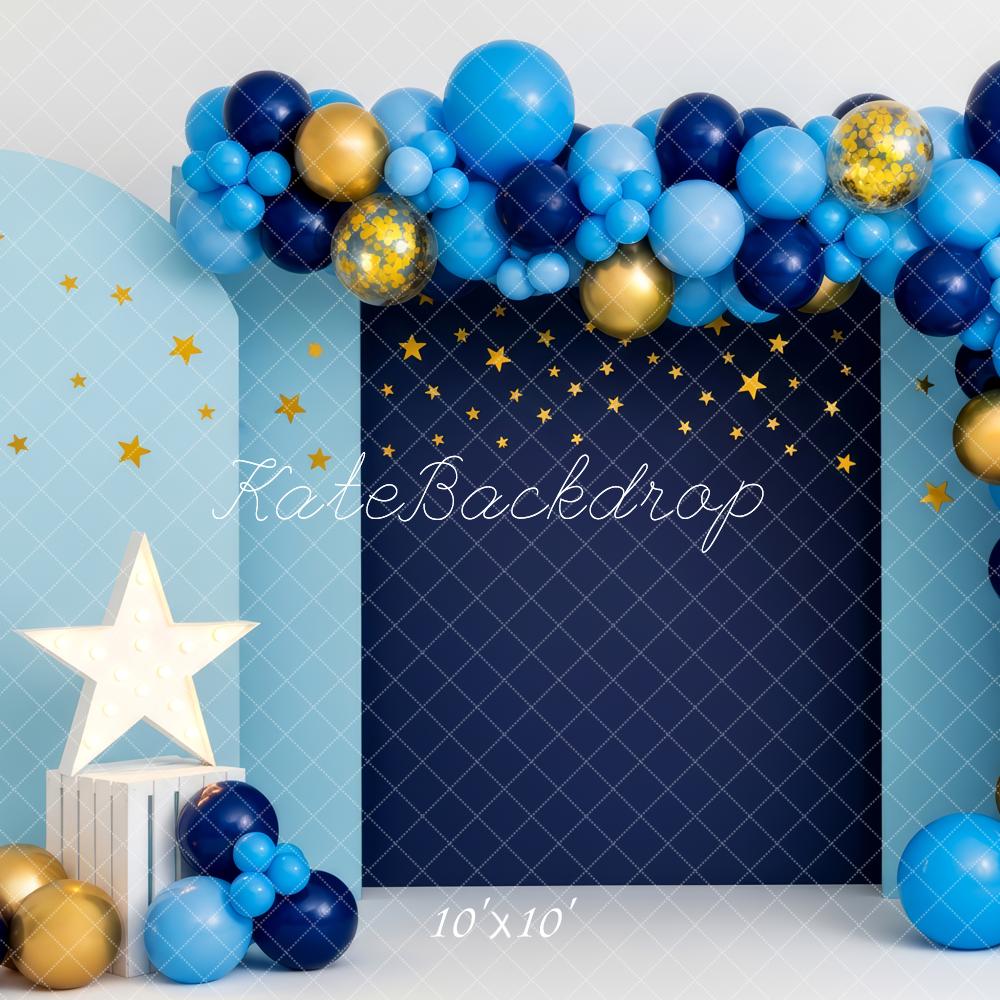 Kate Cake Smash Blue Balloon Arch Starry Night Printed Backdrop Designed by Patty Roberts