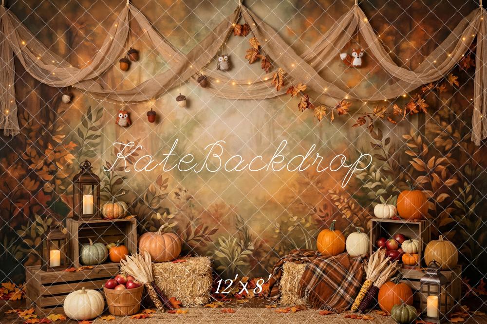 Kate Fall Woodland Harvest Pumpkins Hay Bales Owls Printed Backdrop Designed by Patty Roberts