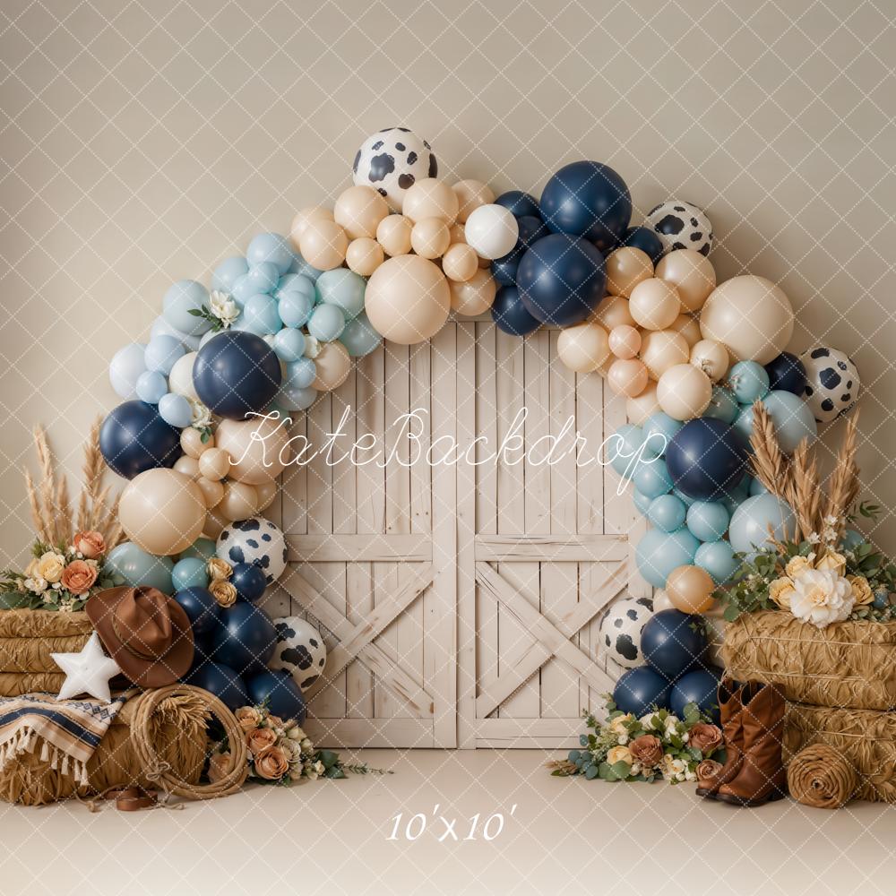 Kate Cake Smash Western Barn Door Balloon Arch Hay Bales Printed Backdrop Designed by Emetselch