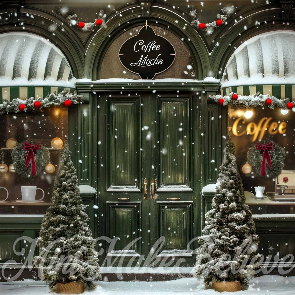 Kate Christmas Street Green Retro Coffee Store Backdrop Designed by Mini MakeBelieve