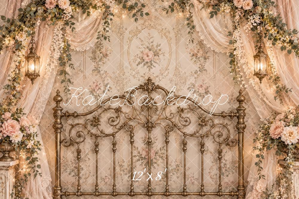 Kate Spring Romantic Brass Headboard Beige Flower Lace Drapes Printed Backdrop Designed by Laura Bybee