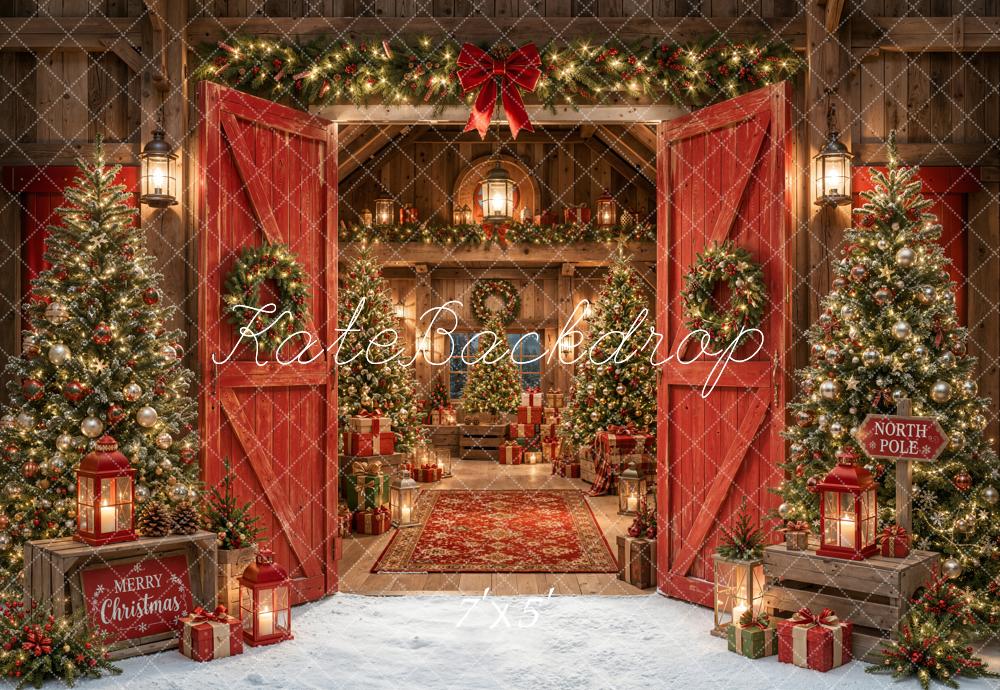 Kate Christmas Barn Red Doors Christmas Trees Presents Lanterns Printed Backdrop Designed by Emetselch