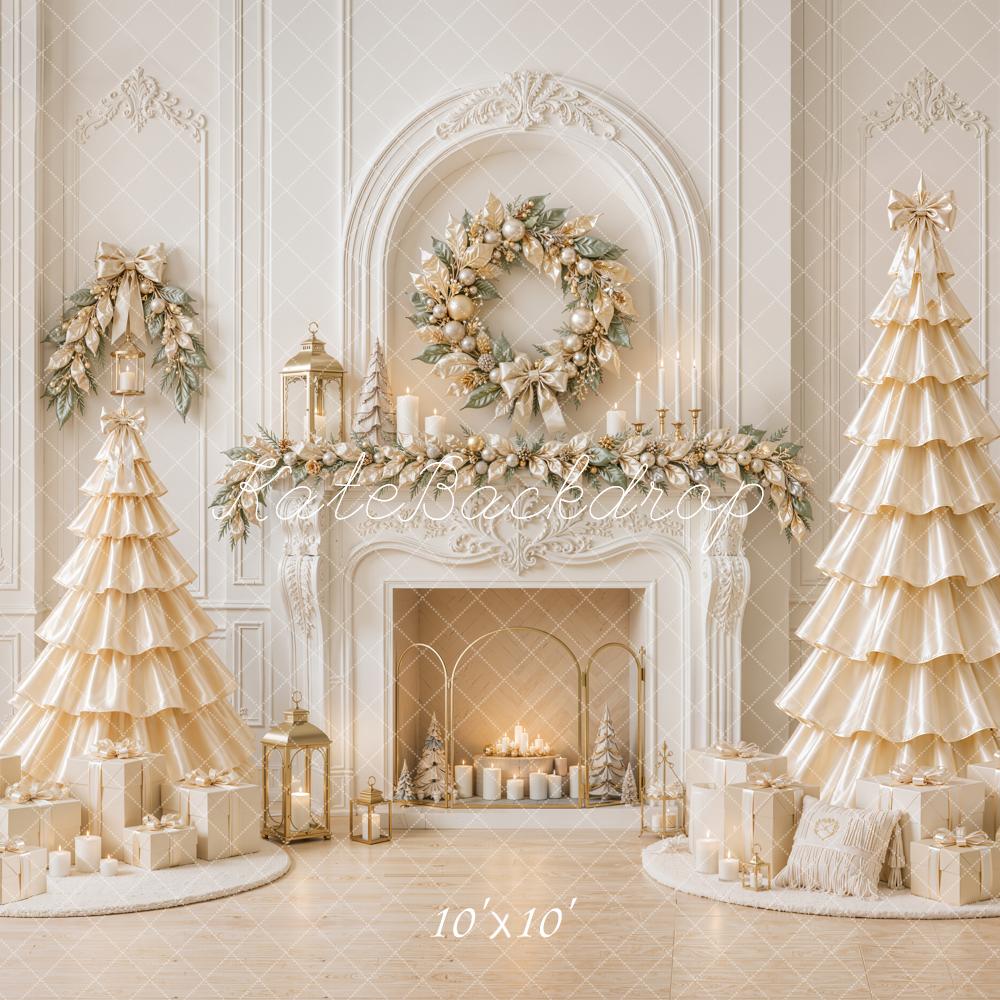 Kate Christmas White Fireplace Wreath Satin Trees Printed Backdrop Designed by Emetselch