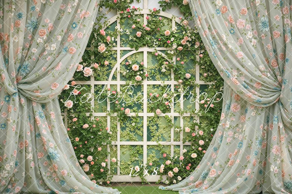 Kate Summer Floral Trellis with Sheer Curtains Printed Backdrop Designed by Mini MakeBelieve