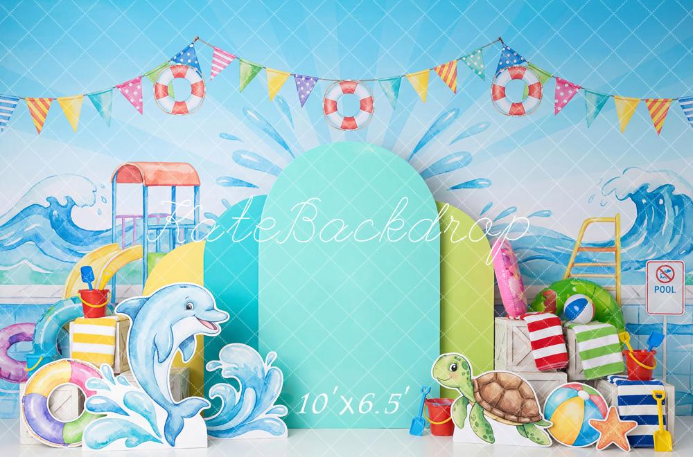 Kate Summer Pool Party Dolphin Turtle Waves Slide Printed Backdrop Designed by Patty Roberts