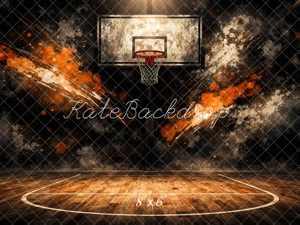 Kate Sports Basketball Court Hoop Orange Splash Backdrop Designed by Mini MakeBelieve