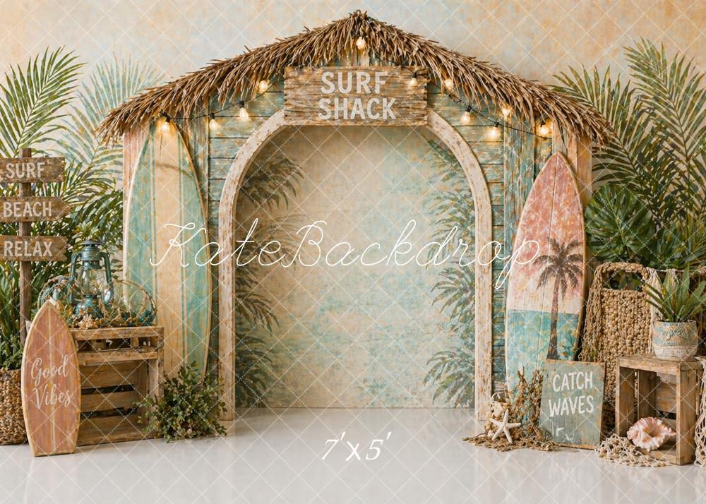 Kate Beach Surf Shack Hut Surfboards Palm Leaves Printed Backdrop Designed by Caitlin Lynch