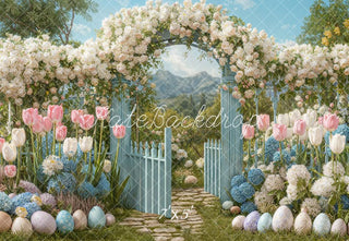 Kate Easter Spring Flower Arch Garden Gate Pastel Eggs Tulips Printed Backdrop Designed by Emetselch