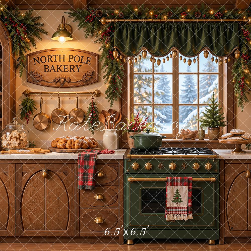 Kate Christmas Kitchen Rustic Bakery Green Oven Snowy Window Printed Backdrop Designed by Shutter Swan Studios