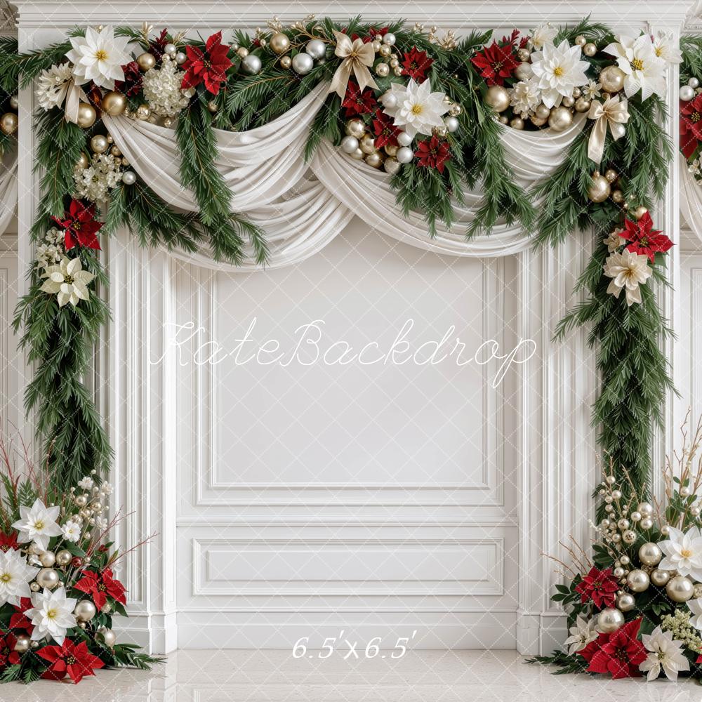 Kate Christmas Floral Garland Draped Panel Wall Printed Backdrop Designed by Mini MakeBelieve