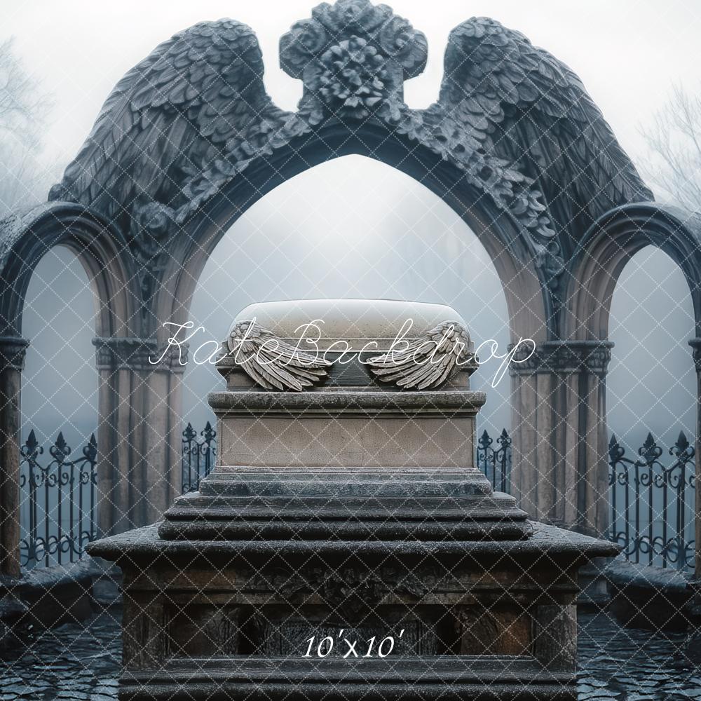 Kate Halloween Gothic Stone Arches Angel Wings Pedestal Backdrop Designed by Mini MakeBelieve