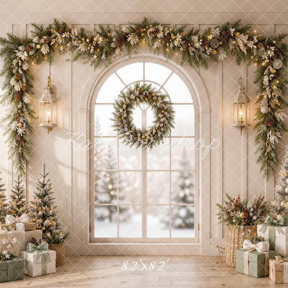 Kate Christmas Beige Garland Trees Presents Retro Printed Backdrop Designed by Emetselch