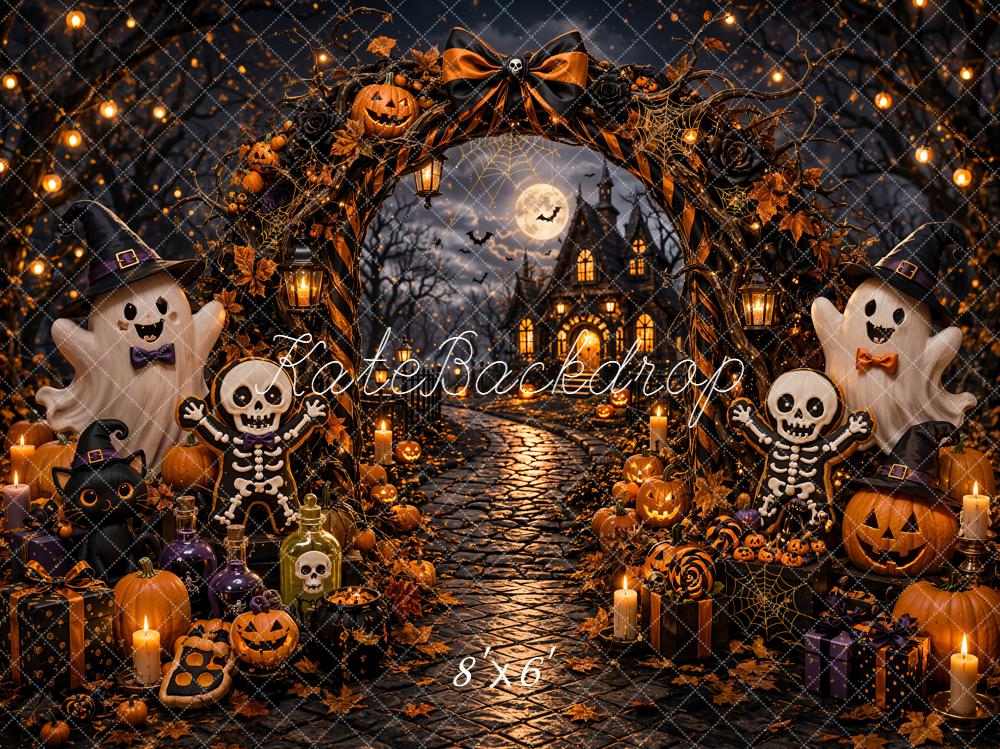 Kate Halloween Trick Or Treat Pumpkin Ghost Arch Skeleton Haunted House Printed Backdrop Designed by Emetselch