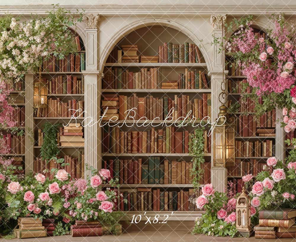 Kate Flower Arch Bookshelf Lanterns Printed Backdrop Designed by Emetselch