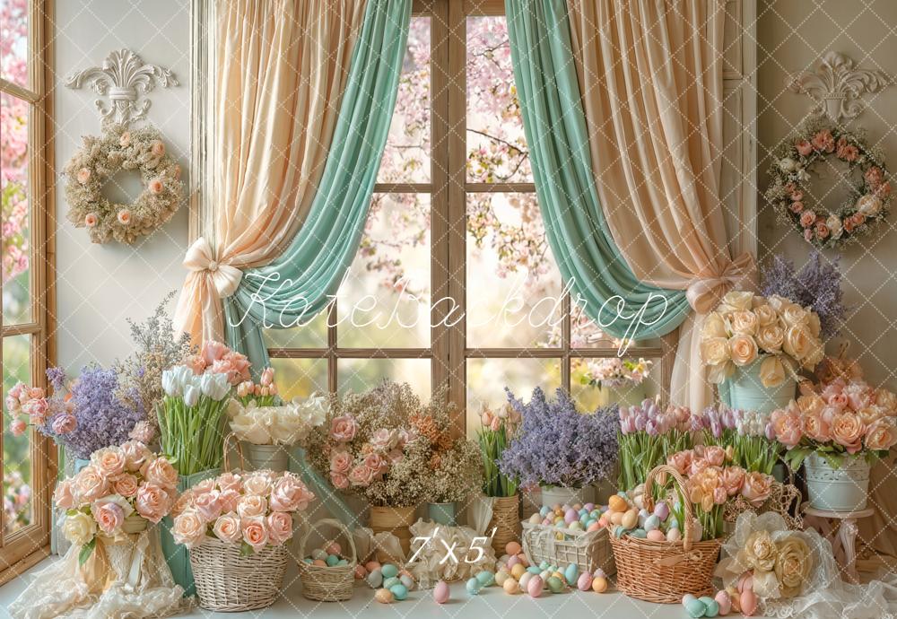 Kate Easter Pastel Flowers Window Basket Eggs Backdrop Designed by Emetselch