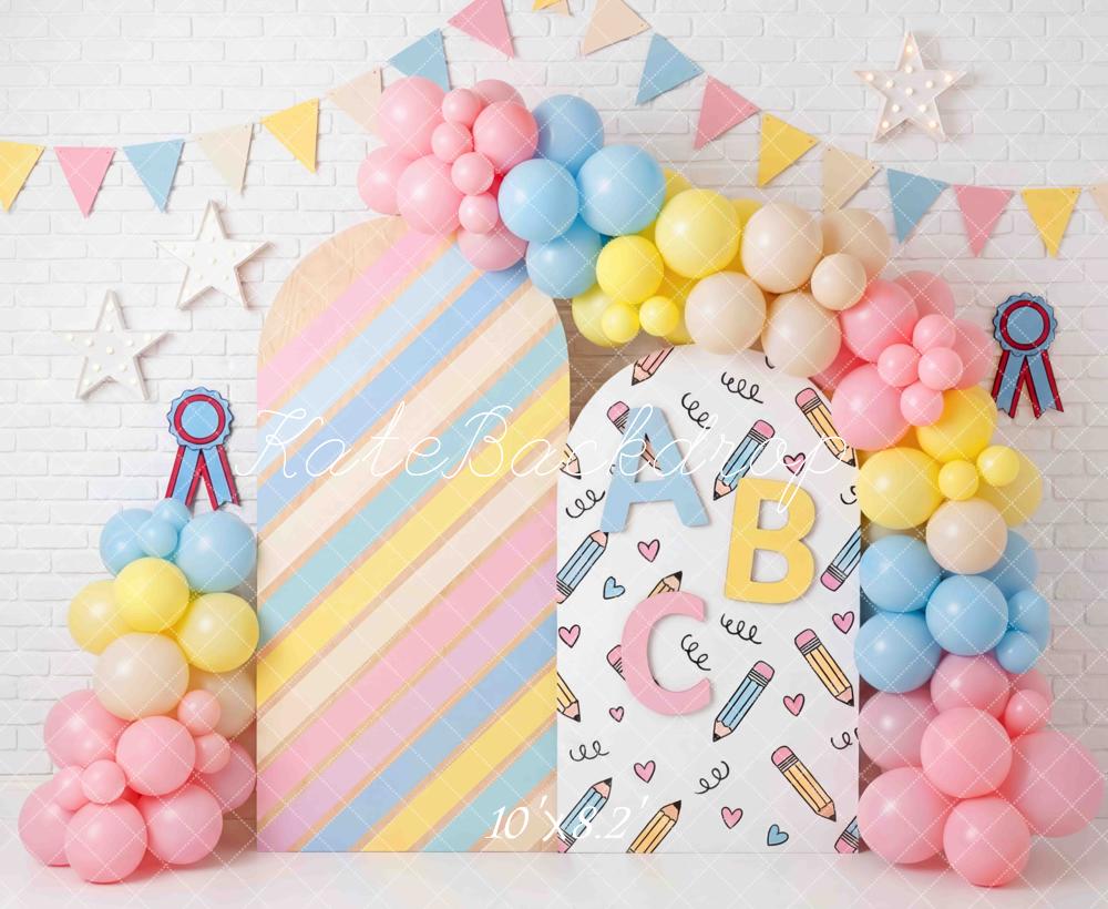 Kate Back to School ABC Balloons Pastel Stripes Printed Backdrop Designed by Mini MakeBelieve