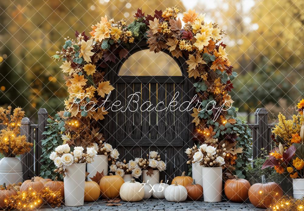 Kate Fall Flower Arch Pumpkins Gate Rustic Backdrop Designed by Mini MakeBelieve