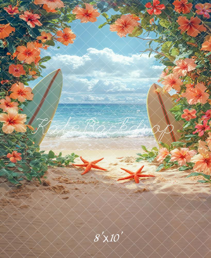 Tropical Beach Surfboard Floral Backdrop