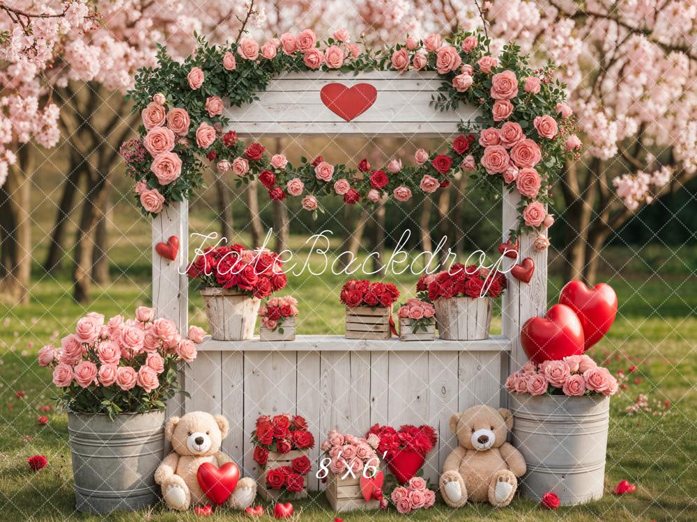 Kate Valentine's Day Flower Arch Pink Roses Heart Balloons Teddy Bears Backdrop Designed by Emetselch