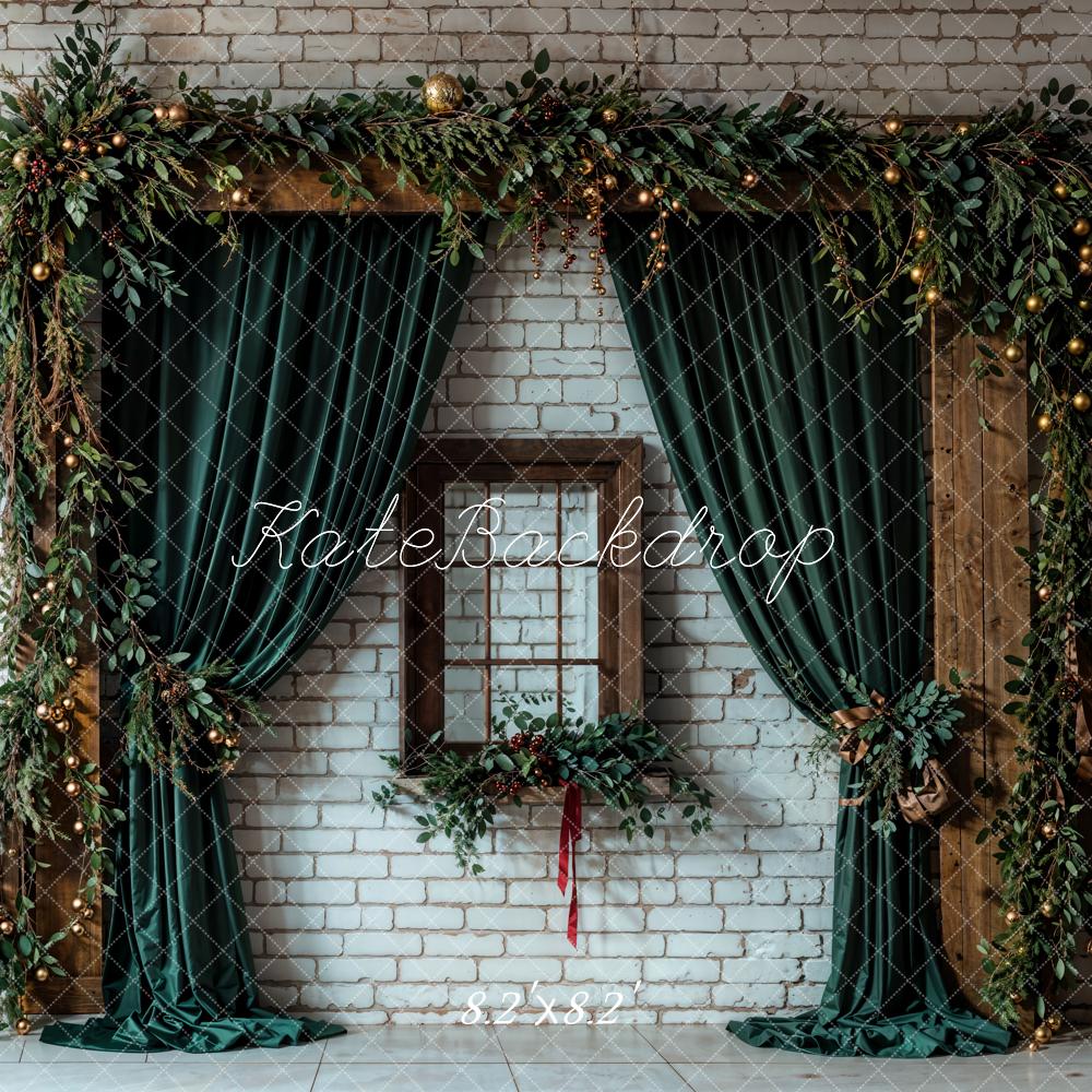 Kate Christmas Green Curtain Brown Window White Brick Wall Printed Backdrop Designed by Emetselch