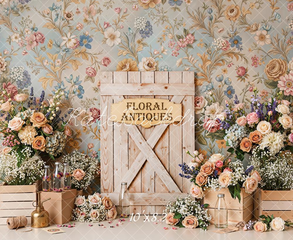 Kate Spring Floral Antiques Barn Door Flowers Crates Printed Backdrop Designed by Emetselch
