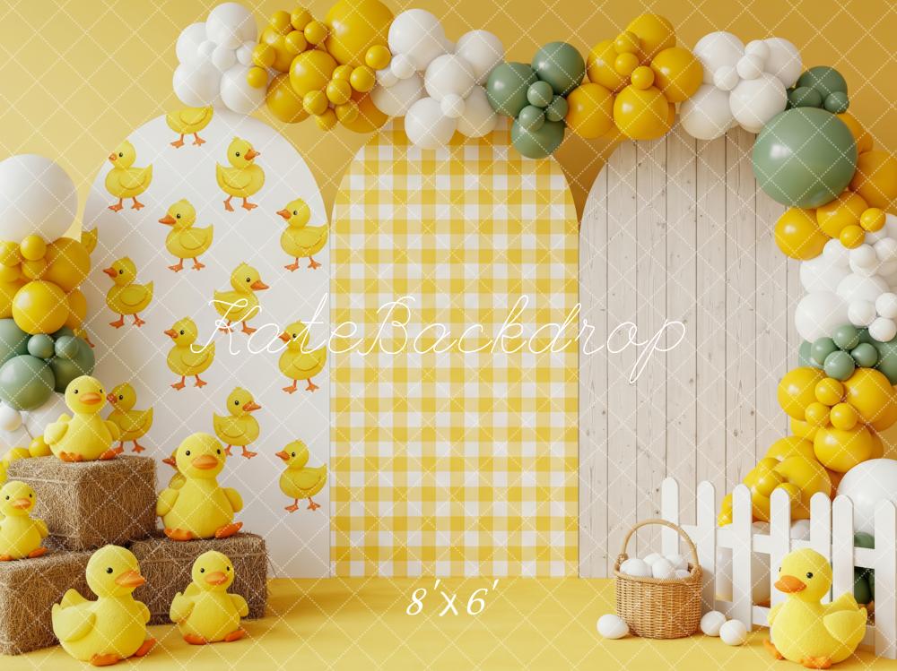 Kate Cake Smash Duckling Balloons Yellow Plaid Arches Backdrop Designed by Patty Roberts