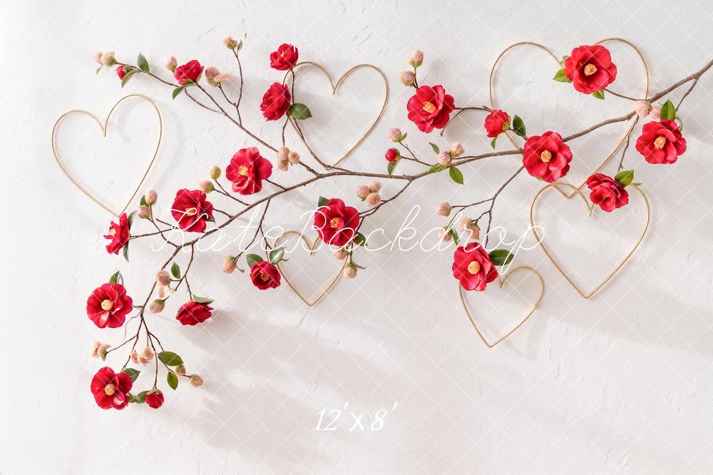 Kate Valentine's Day Red Flower Branch Gold Hearts Printed Backdrop Designed by Angela Miller