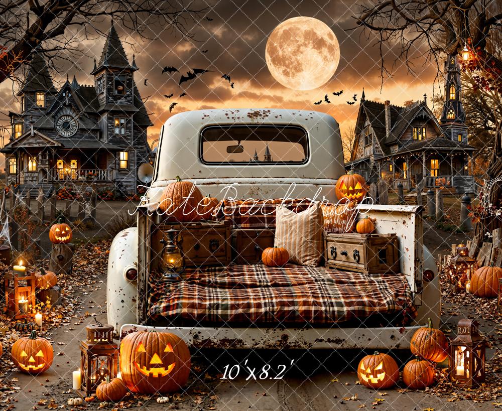 Kate Halloween Truck Pumpkins Haunted House Full Moon Backdrop Designed by Emetselch
