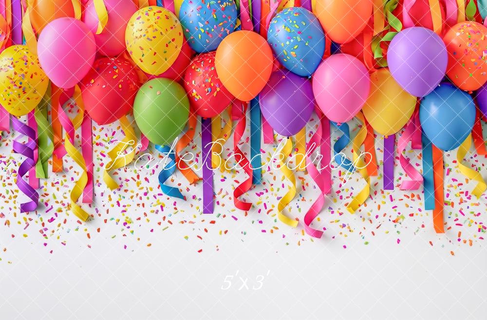 Kate Birthday Colorful Balloons Confetti Streamers Printed Backdrop Designed by Angela Miller