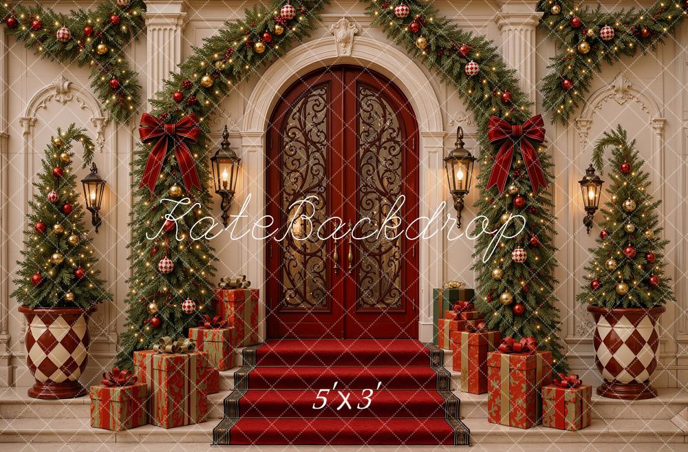 Kate Christmas Mansion Door Entryway Garland Trees Gifts Printed Backdrop Designed by Shutter Swan Studios