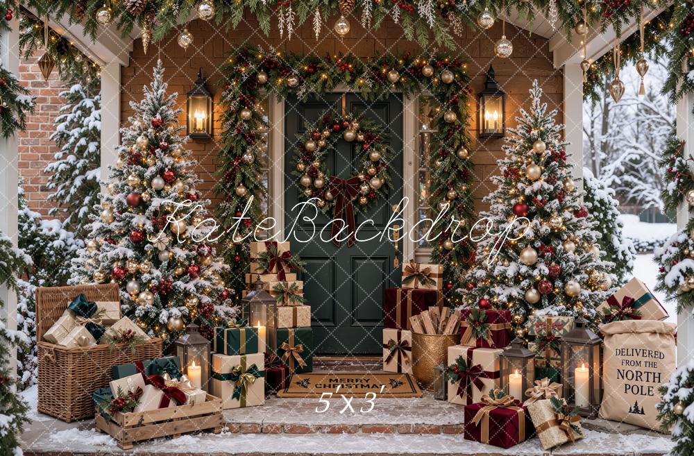 Kate Christmas Snowy Front Porch Trees Wreath Gifts Printed Backdrop Designed by Shutter Swan Studios