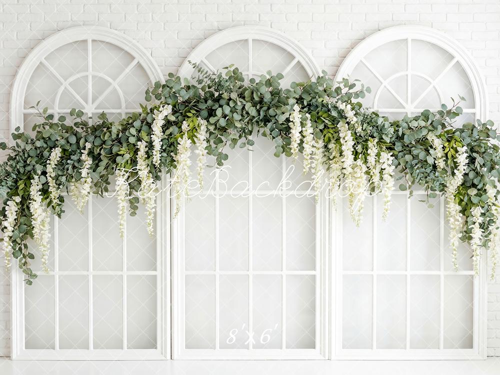 Kate Spring Flower Arch White Brick Windows Printed Backdrop Designed by Patty Roberts