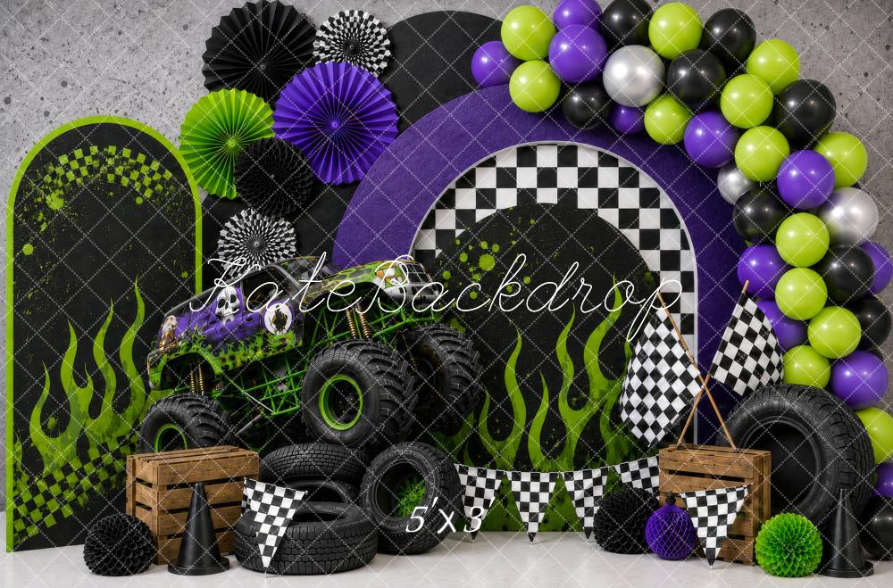 Kate Cake Smash Monster Truck Checkered Pattern Green Flames Balloons Printed Backdrop Designed by Shutter Swan Studios