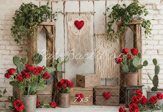 Rosas Boho Cactus Macramé Fondo de Ladrillo Blanco Diseñado por Emetselch