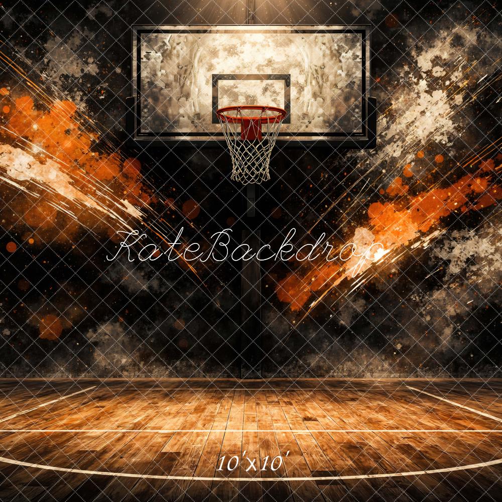 Kate Sports Basketball Court Hoop Orange Splash Backdrop Designed by Mini MakeBelieve