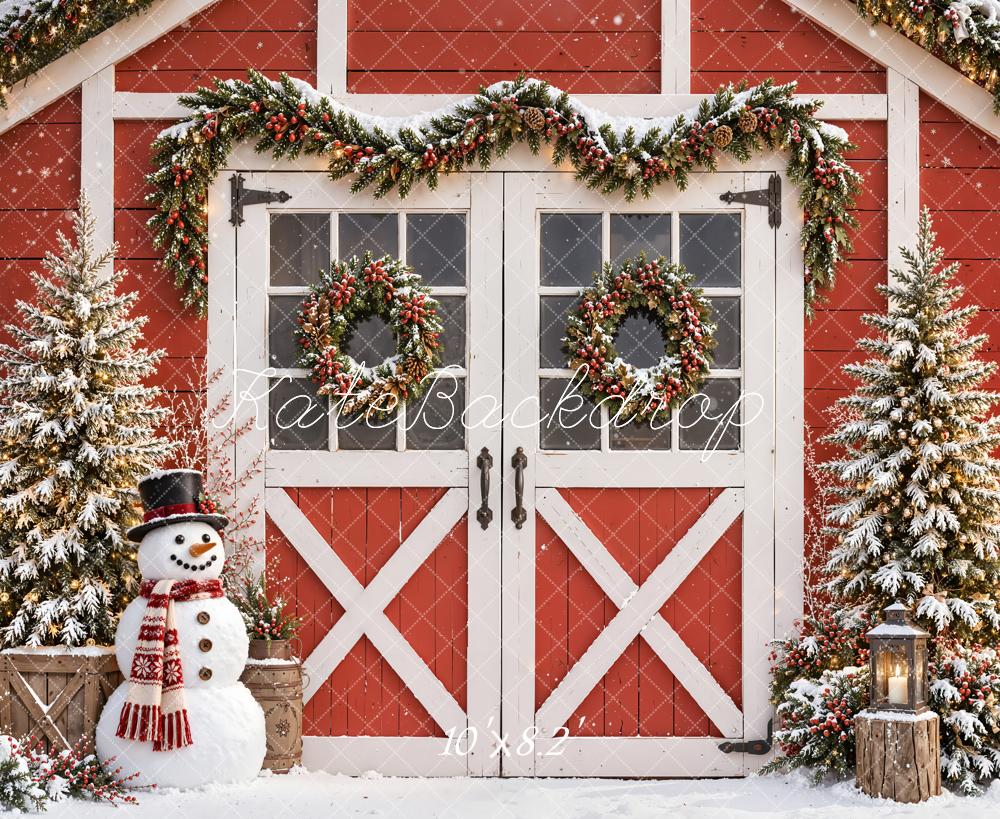 Kate Christmas Red Barn Snowman Pine Trees Printed Backdrop Designed by Emetselch