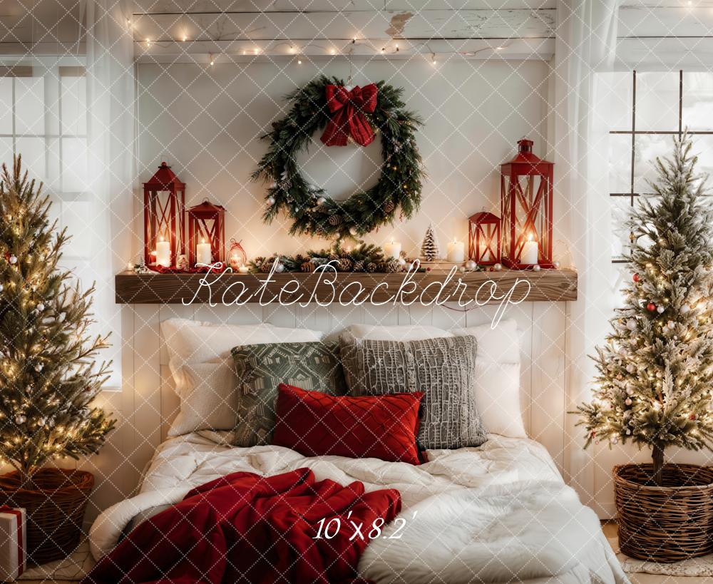 Kate Christmas Bedroom Wreath Lanterns Trees White Backdrop Designed by Emetselch