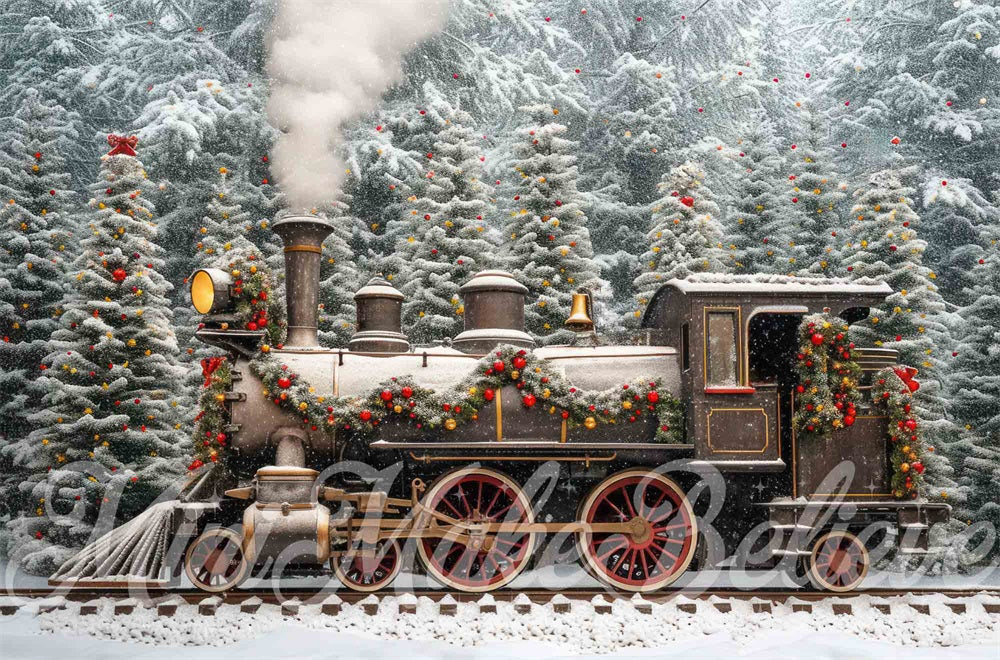 Winter Outdoor Bos Kerst Retro Trein Foto Achtergrond Ontworpen door Mini MakeBelieve