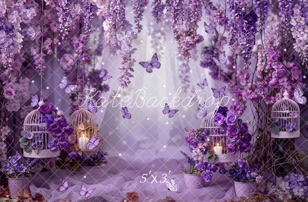 Kate Spring Purple Flower Arch Butterflies Birdcages Printed Backdrop Designed by Emetselch