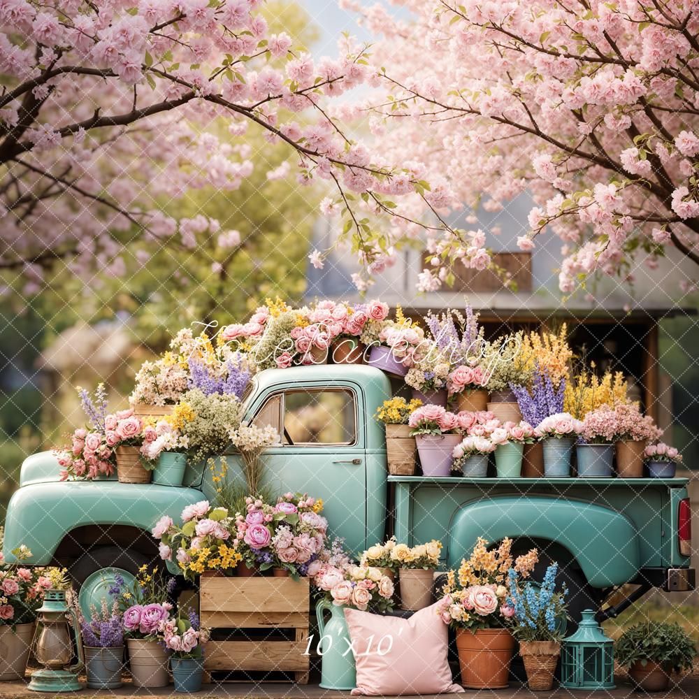 Kate Spring Vintage Truck Flower Pots Garden Printed Backdrop Designed by Emetselch