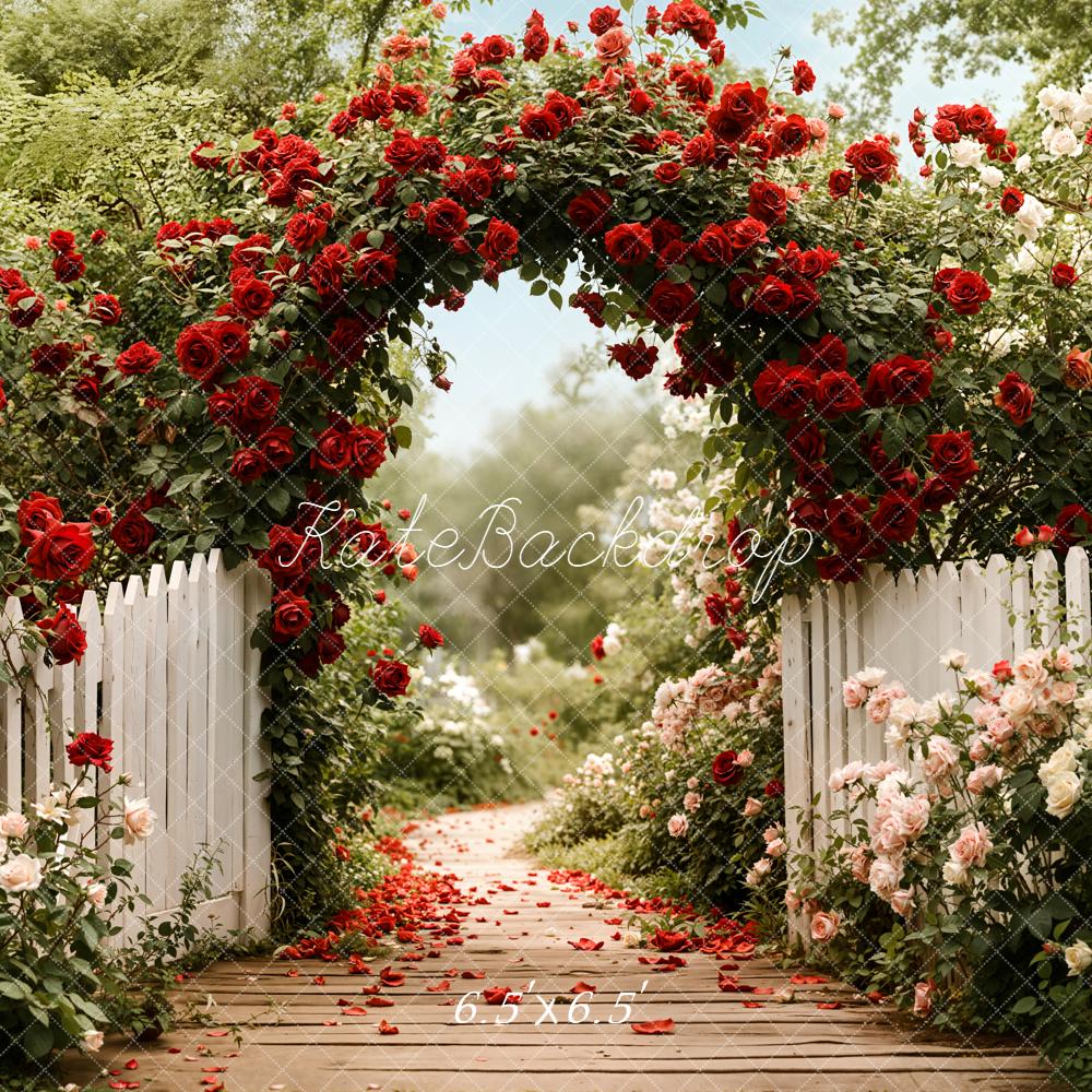 Kate Spring Flower Arch Red Rose White Fence Garden Path Backdrop Designed by Emetselch