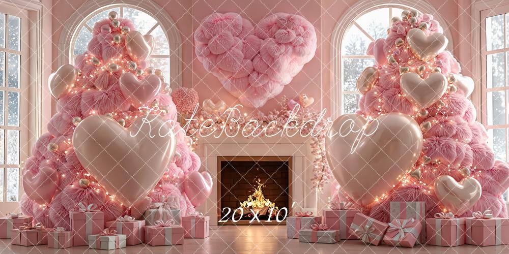 Kate Valentine's Day Plush Pink Trees Heart Fireplace Backdrop Designed by Emetselch